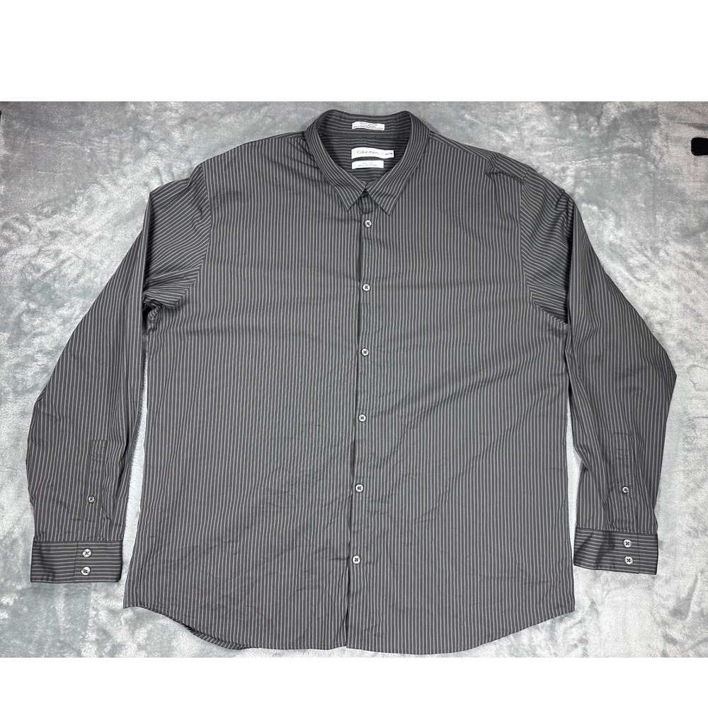 Calvin Klein Mens XXL Non Iron Striped Button Down Shirt Grey White PC728